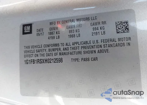 2017 Chevrolet Camaro 1Lt из США, поврежденный, VIN 1G1FB1RSXH0212598